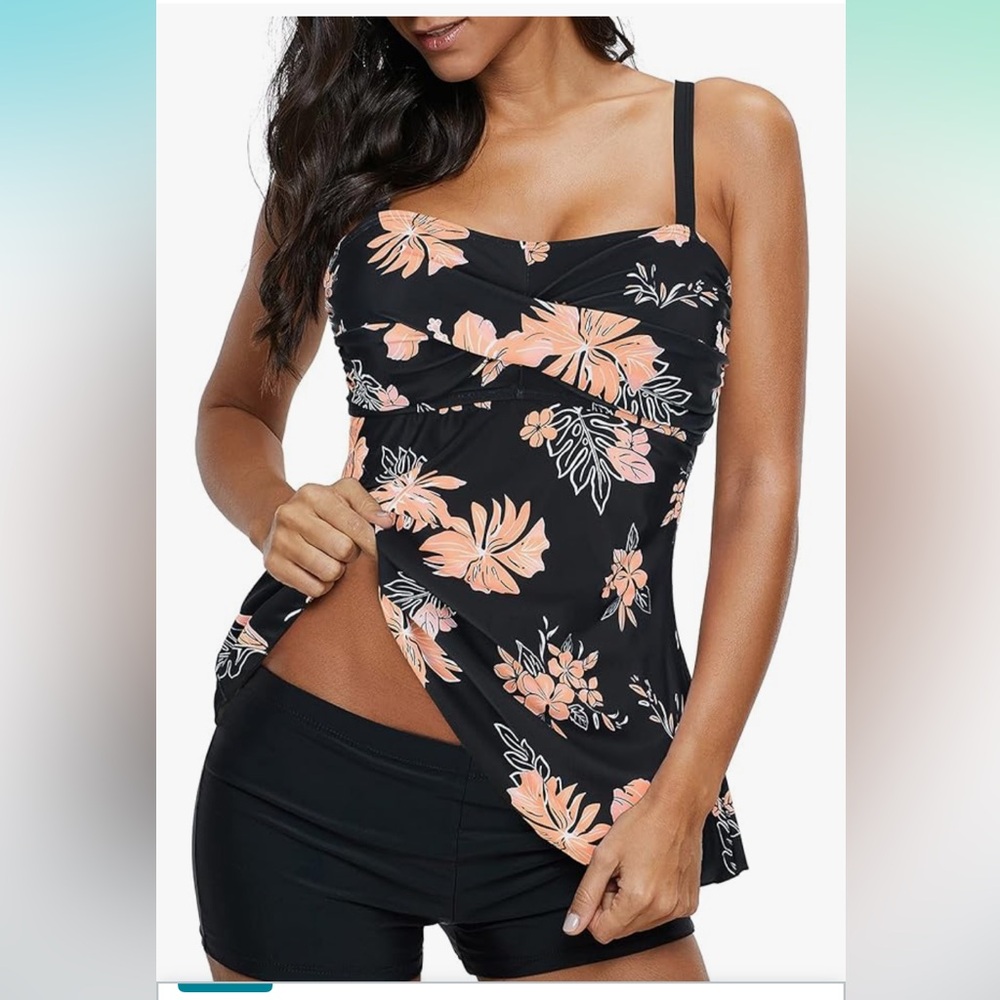🚘Floral Black and Peach Tankini set with boy shorts 2 piece swimsuit size XXL